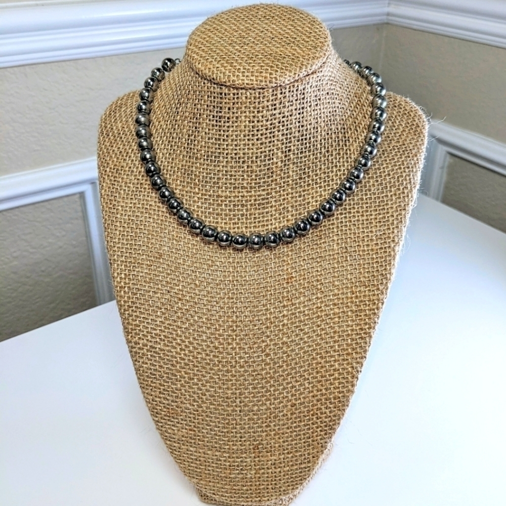 Silver Metal Bead Necklace with Hook Clasp